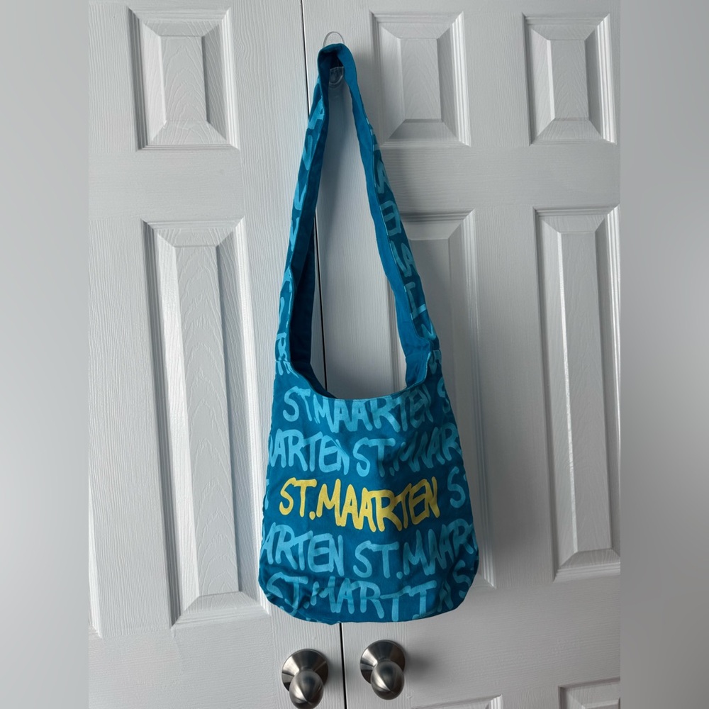 St Maarten Canvas Hobo Shoulder Bag Teal Ocean Blue Yellow Glitter Resortwear
